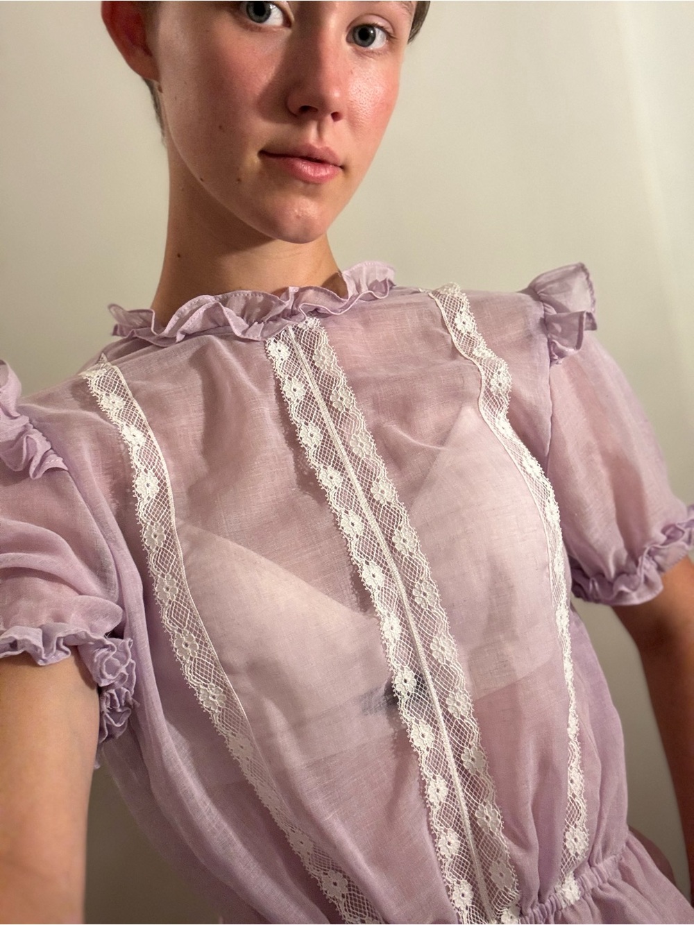 Sheer Lavender Maxi Dress with Lace Trim